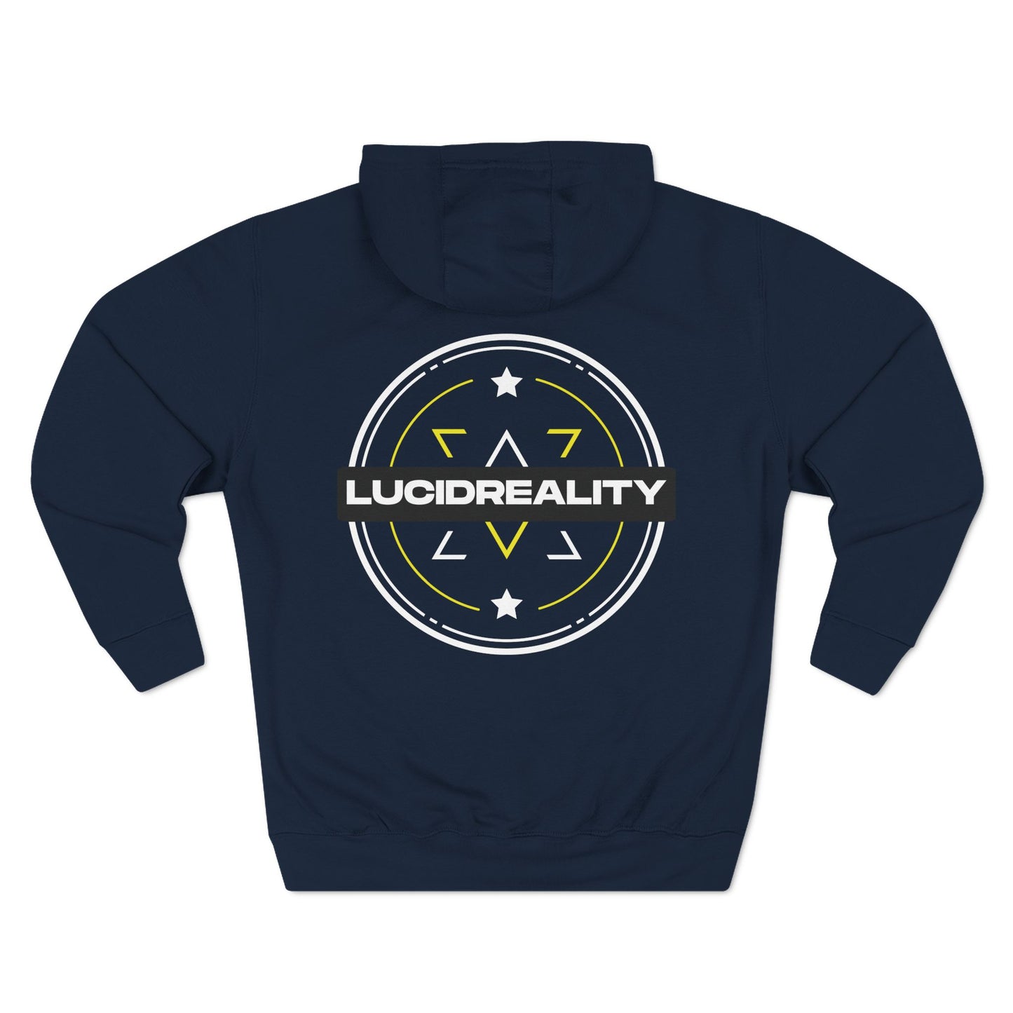 Navy Lucid Reality hoodie, circular emblem back graphic, flat