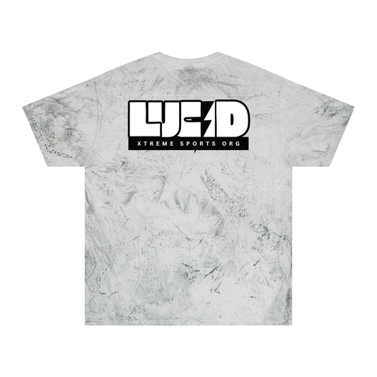 Smoke Color Blast tee, marbled grey, block LUCID logo back graphic, flat