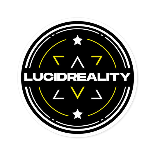 Front view of the round black Lucid Reality logo sticker with white text and shield design.