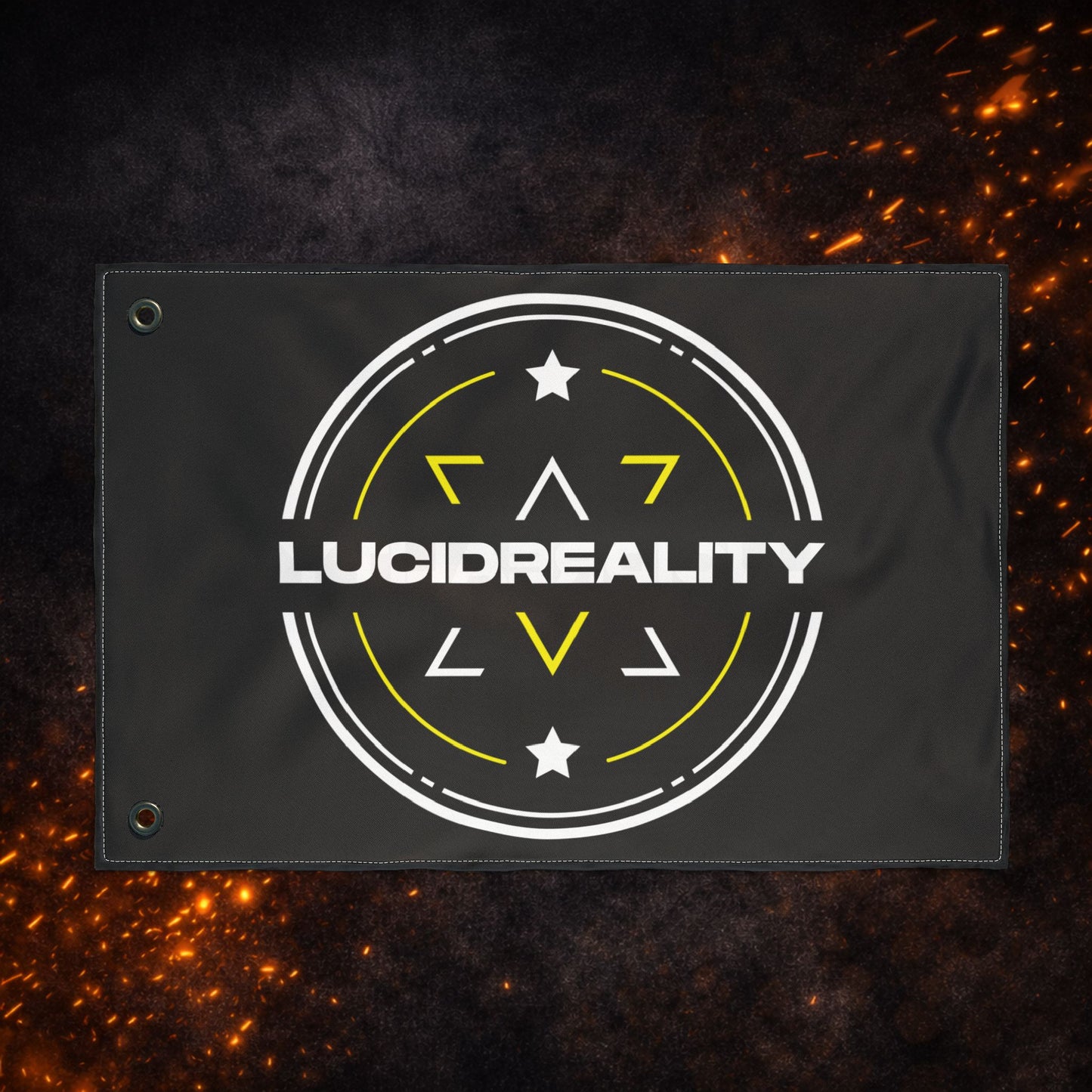 Close-up of the Lucid Reality logo on black fabric with a dark orange textured background, showing the white circular shield design with "LUCID REALITY" text.
