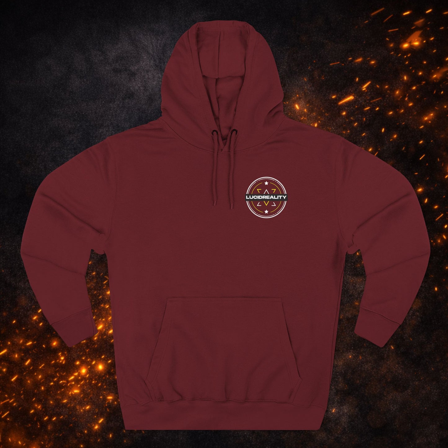Front view of the maroon Lucid Reality Fleece Pullover Hoodie with small circular logo on the chest.