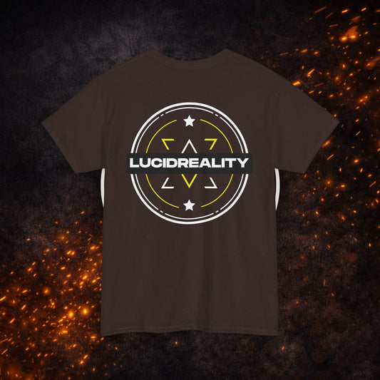 Back view of the brown Logo Tee featuring the large "LUCID REALITY" circular shield design.