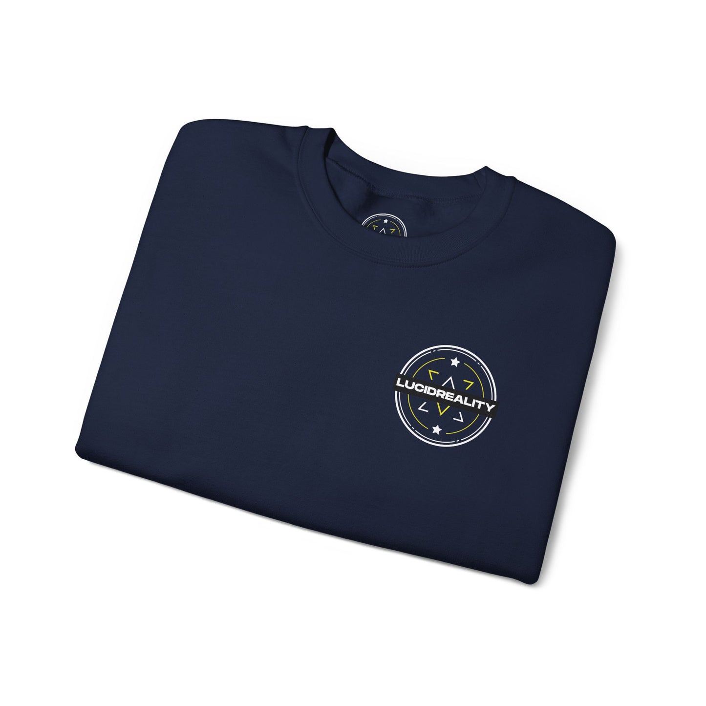 Navy Logo Crewneck, folded with Lucid Reality logo, flat lay
