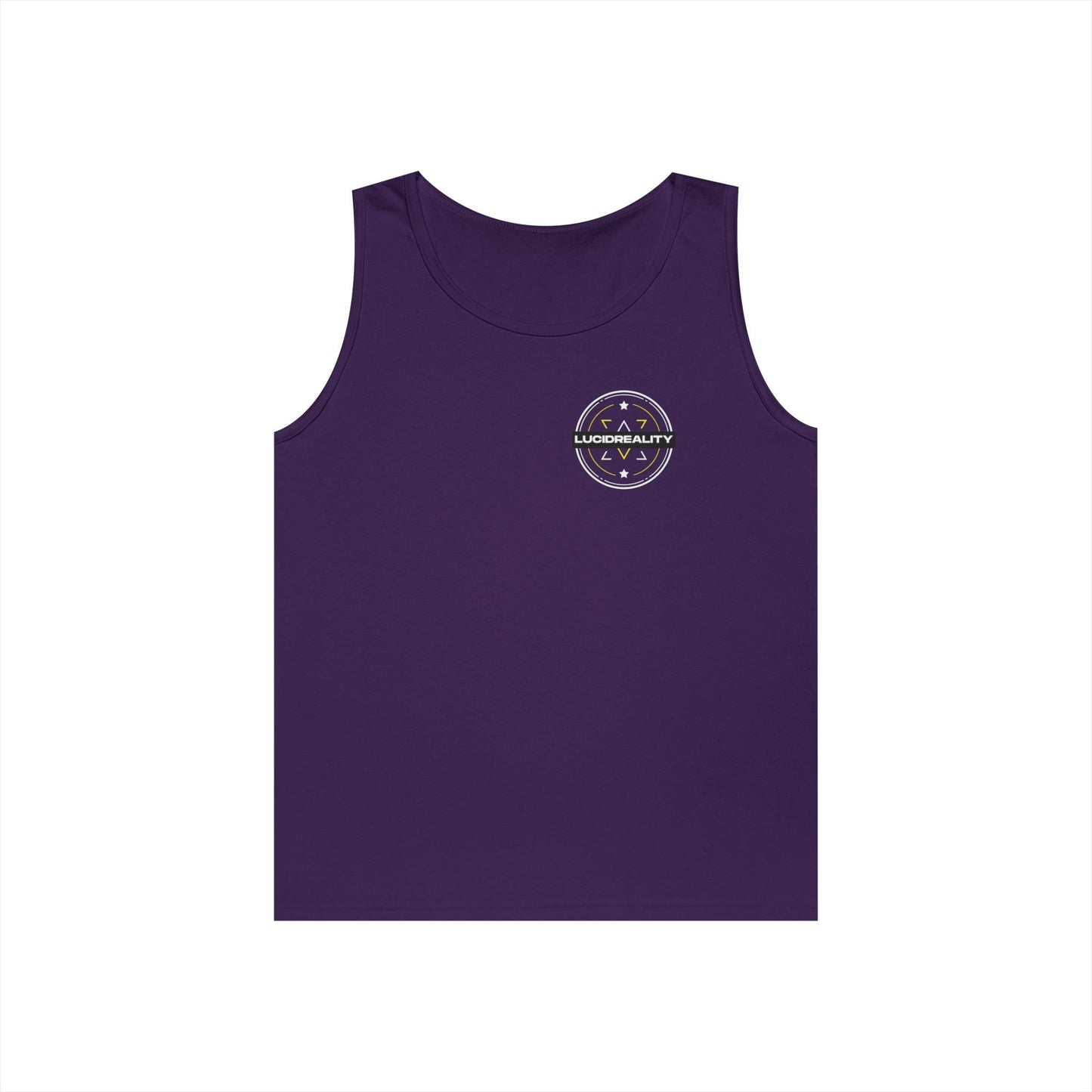 Purple Lucid Block Logo tank, front Lucid Reality logo, flat lay