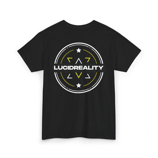 Black Lucid Reality tee, circular emblem back graphic, flat