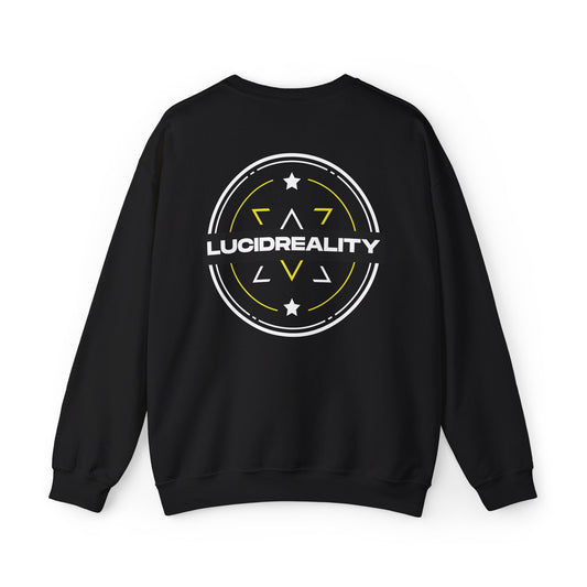 Black Lucid Reality crewneck, circular emblem back graphic, flat