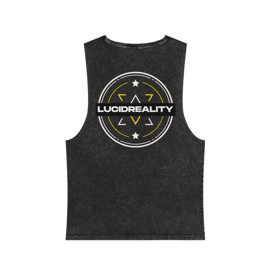 Black Stone Lucid Reality stonewash tank, circular emblem back graphic, flat