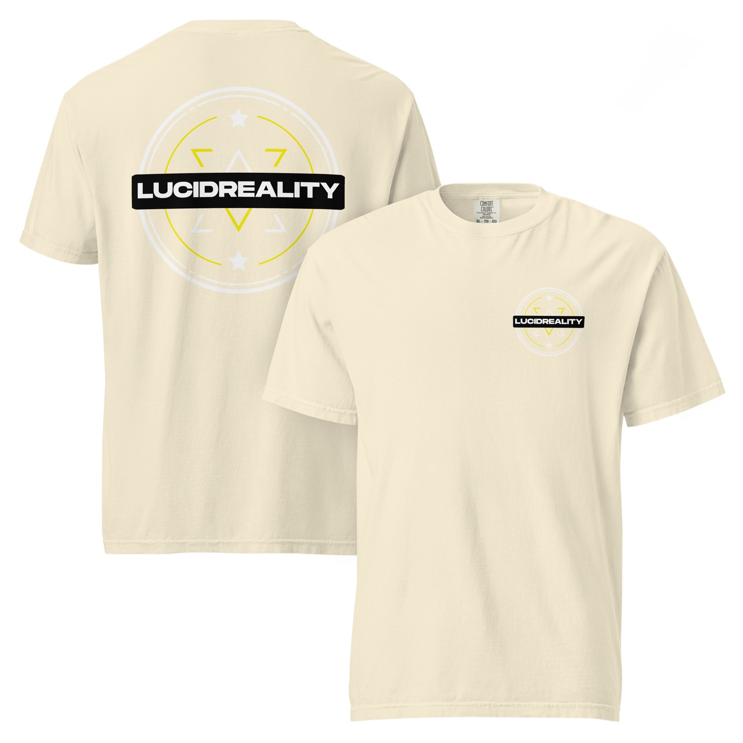Lucid Reality Emblem Tee, front and back print, garment-dyed heavyweight unisex t-shirt