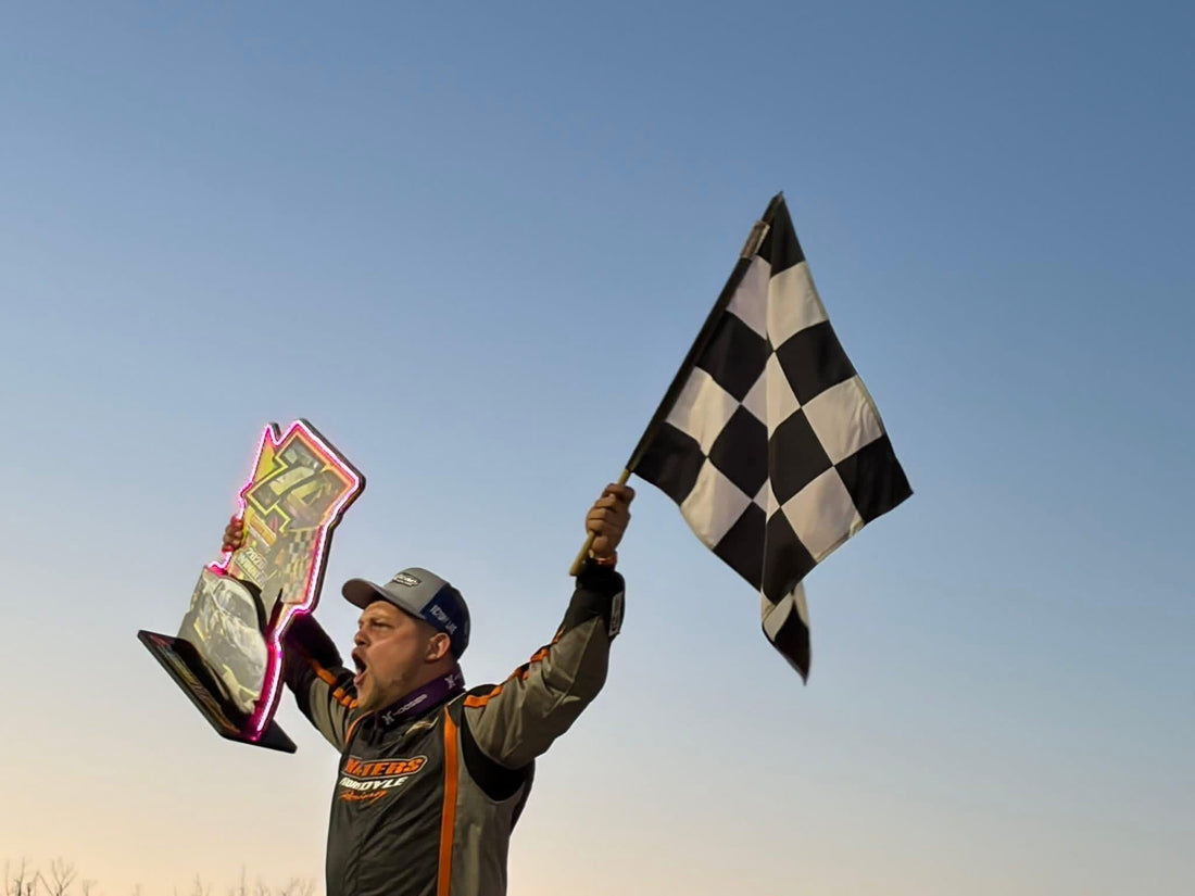 AJ Walters celebrating Pro Stock 600 stock car win at Utica-Rome Speedway, Vernon NY 2026