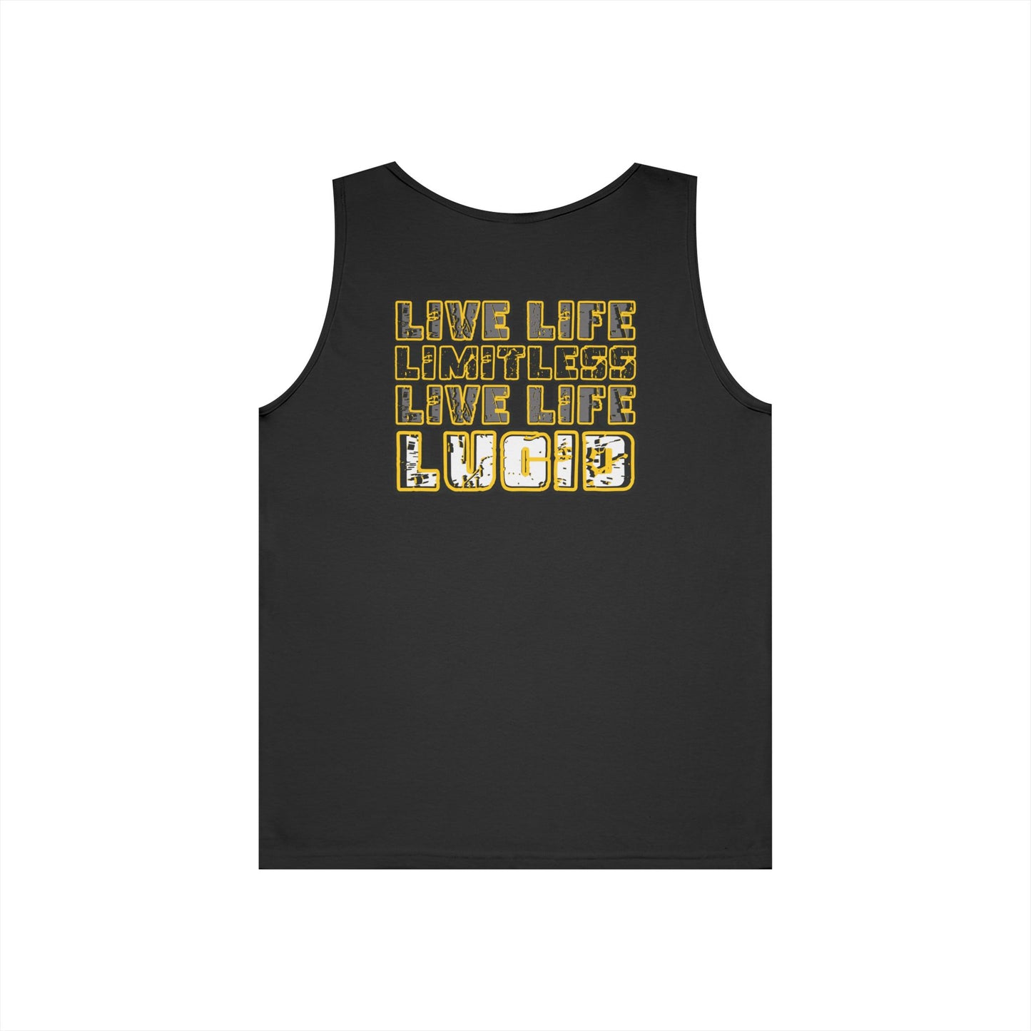Black Live Life Limitless tank, front Lucid Reality logo, flat lay