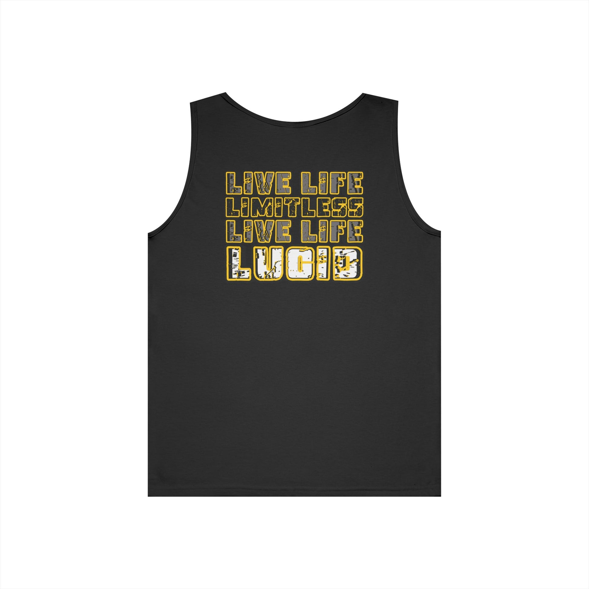 Black Live Life Limitless tank, front Lucid Reality logo, flat lay