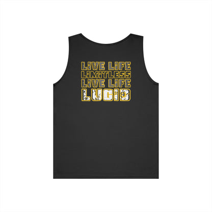 Black Live Life Limitless tank, front Lucid Reality logo, flat lay