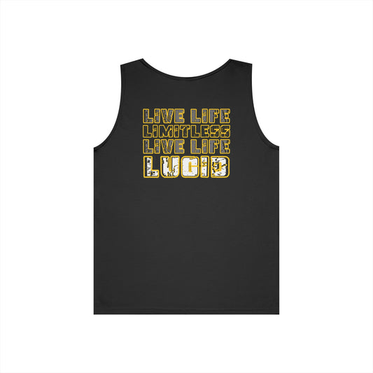 Black Live Life Limitless tank, front Lucid Reality logo, flat lay