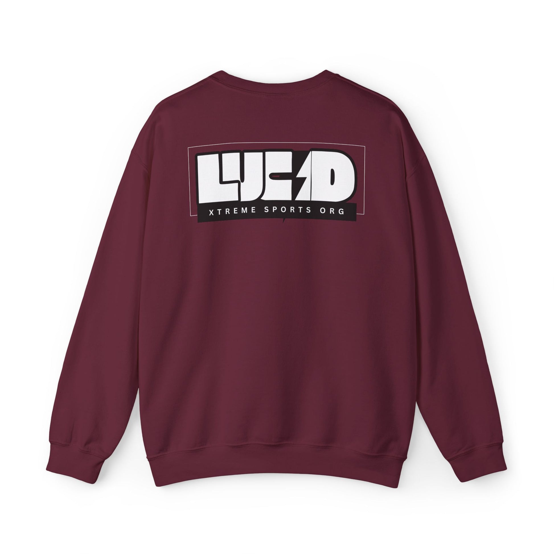 Maroon Lucid Reality crewneck, block LUCID logo back graphic, flat