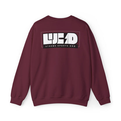 Maroon Lucid Reality crewneck, block LUCID logo back graphic, flat