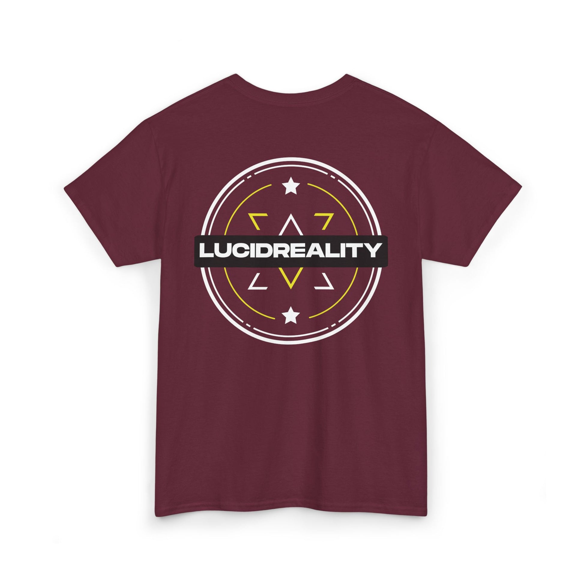 Maroon Lucid Reality logo tee, back emblem, flat