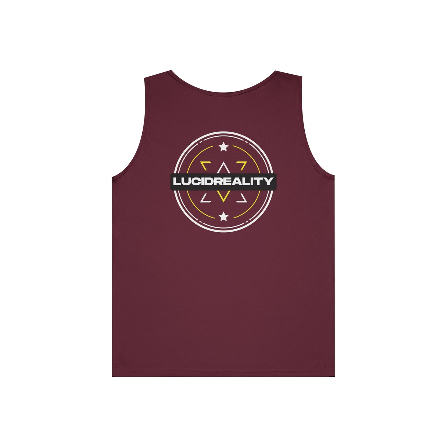 Maroon Lucid Reality Emblem tank, full circular Lucid Reality emblem back graphic, flat lay