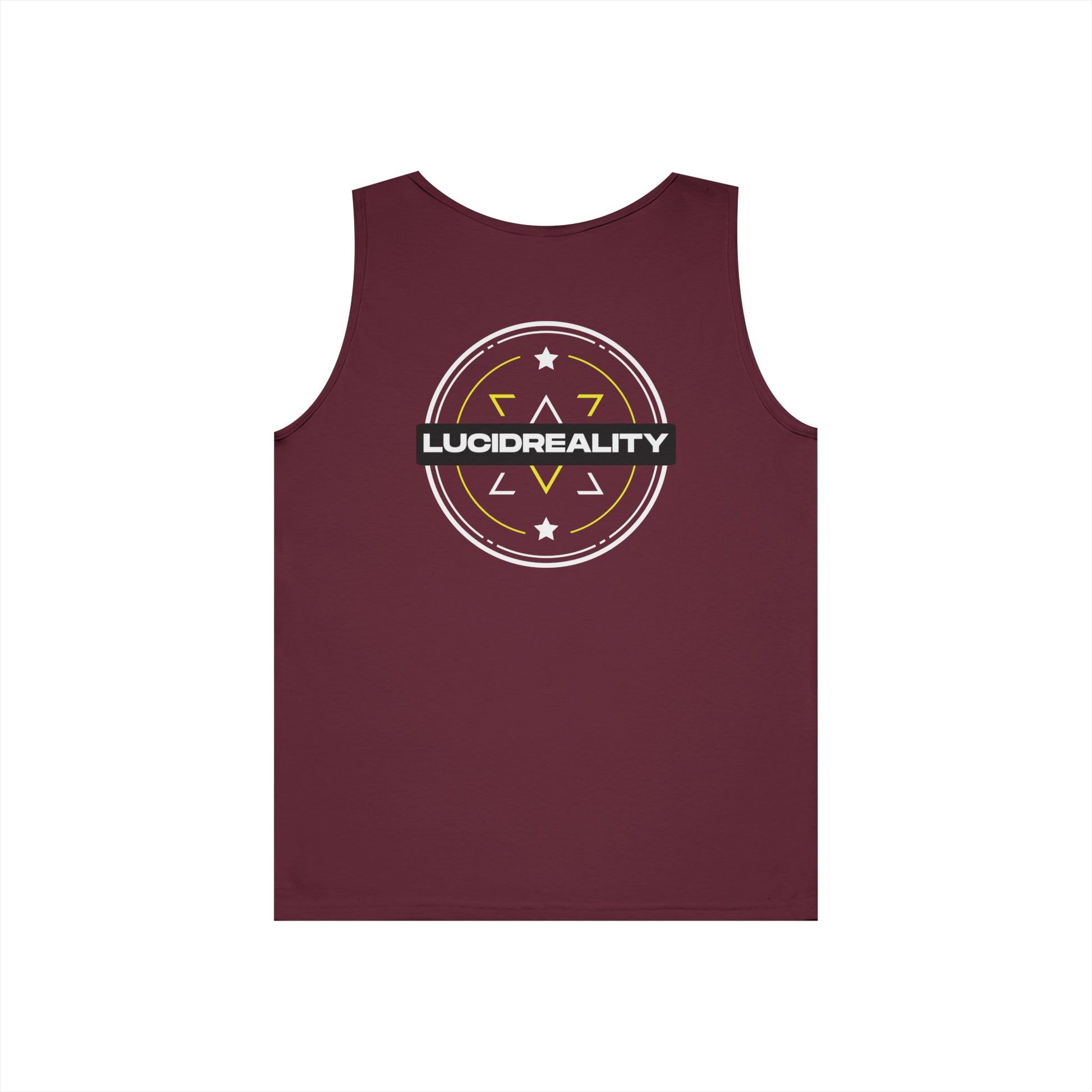 Maroon Lucid Reality Emblem tank, full circular Lucid Reality emblem back graphic, flat lay