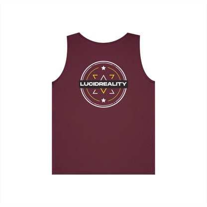 Maroon Lucid Reality Emblem tank, full circular Lucid Reality emblem back graphic, flat lay