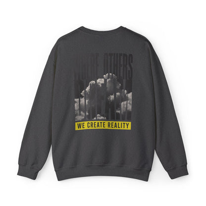 Back of the dark heather Where Others Dream Crewneck Sweatshirt with the city skyline graphic and yellow We Create Reality banner.