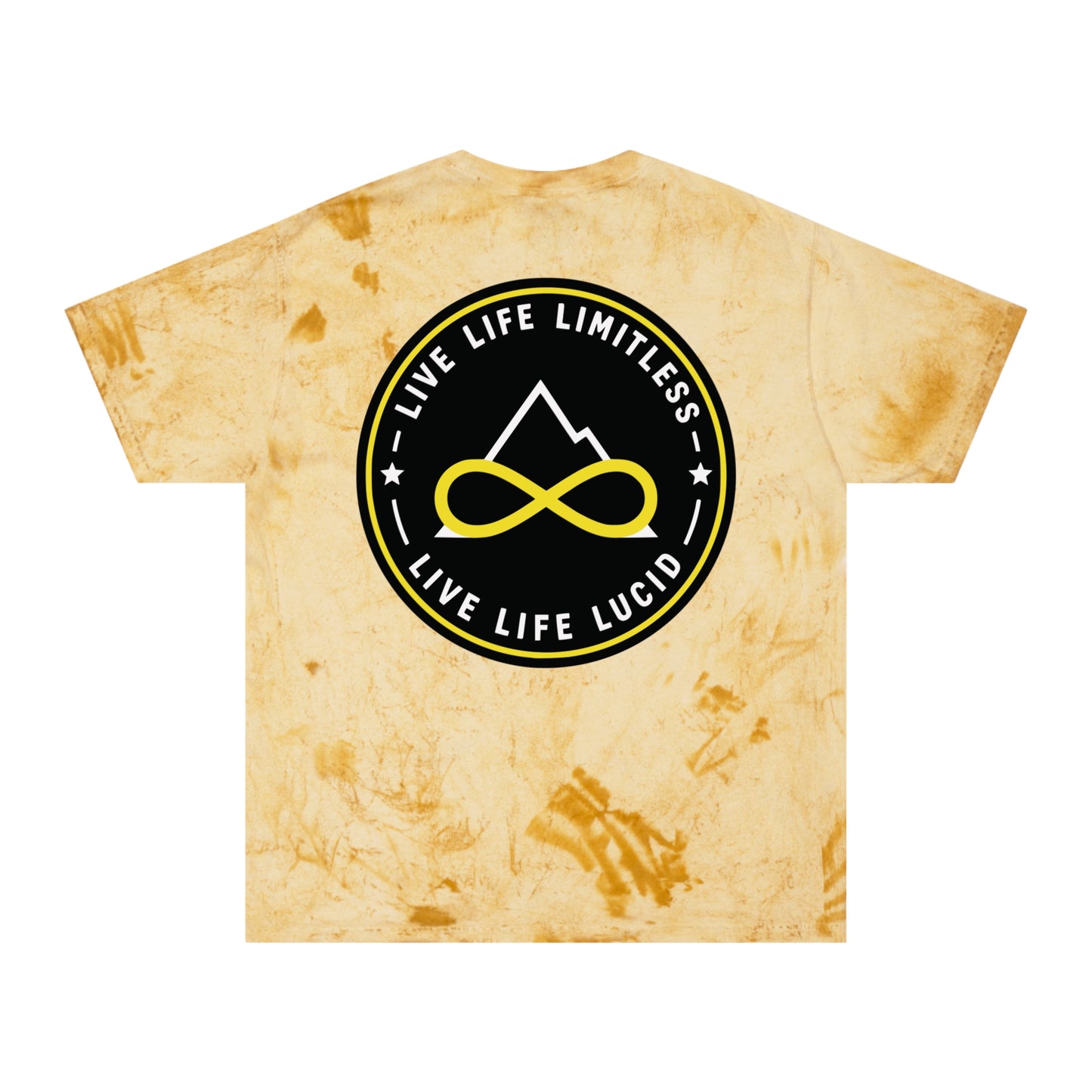 Smoke Color Blast tee, marbled grey, back Live Life Limitless badge graphic, flat