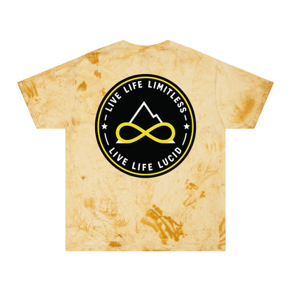 Smoke Color Blast tee, marbled grey, back Live Life Limitless badge graphic, flat