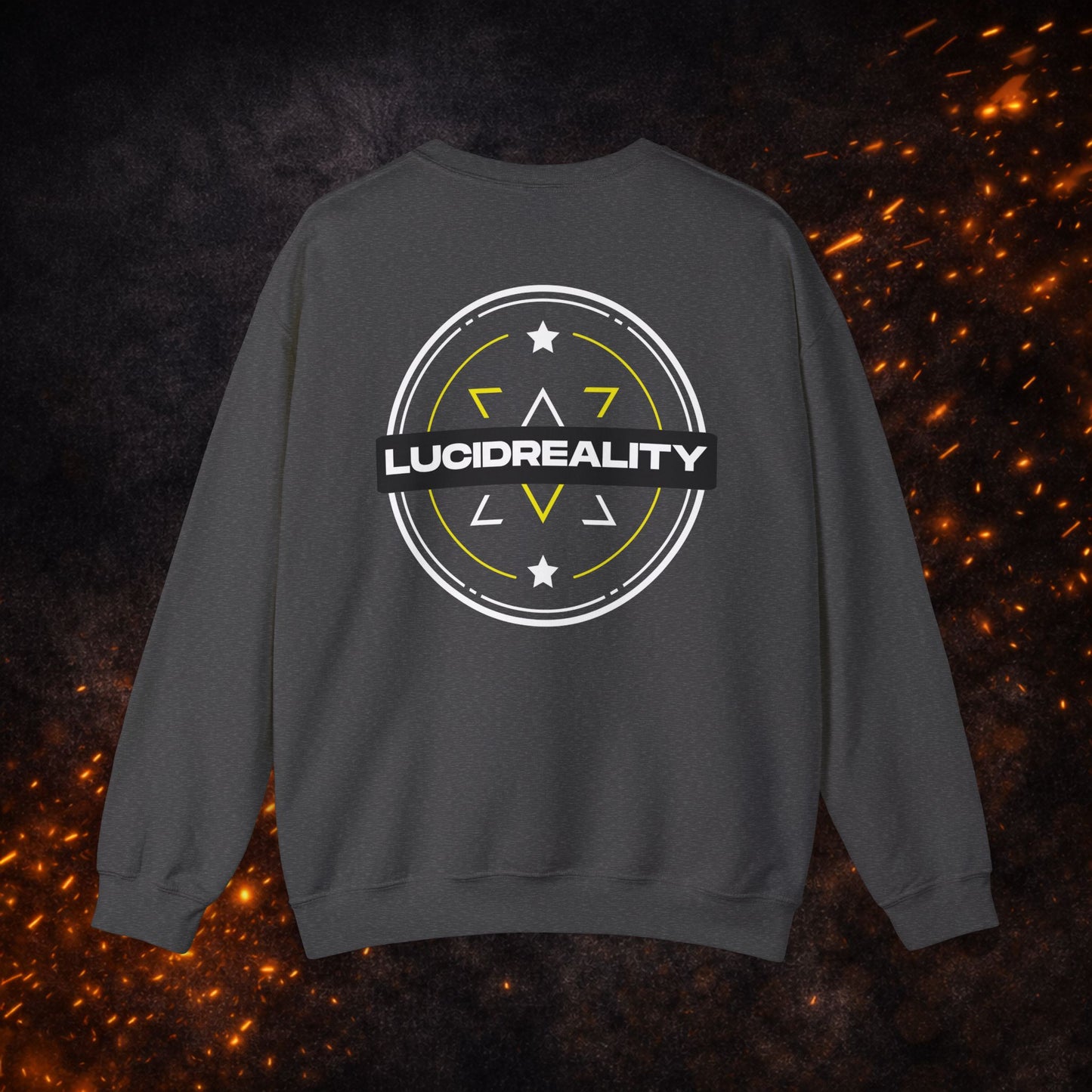 Back view of the dark gray Logo Crewneck Sweatshirt with the "LUCID REALITY" circular shield graphic.
