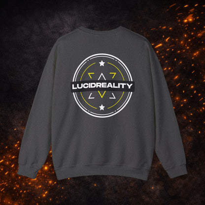 Back view of the dark gray Logo Crewneck Sweatshirt with the "LUCID REALITY" circular shield graphic.