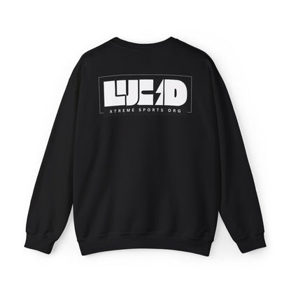 Back view of the black Lightning Bolt Crewneck Sweatshirt featuring the white LUCID design with lightning bolt detail.