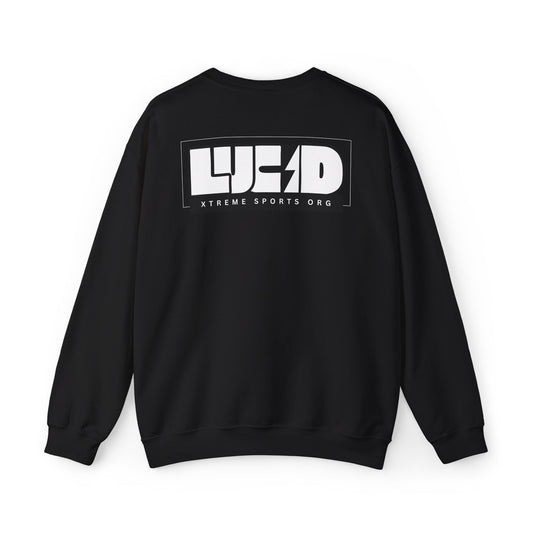 Back view of the black Lightning Bolt Crewneck Sweatshirt featuring the white LUCID design with lightning bolt detail.
