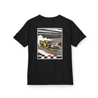 Black Pro Stock Racing Kids Tee, back Pro Stock car graphic, flat lay