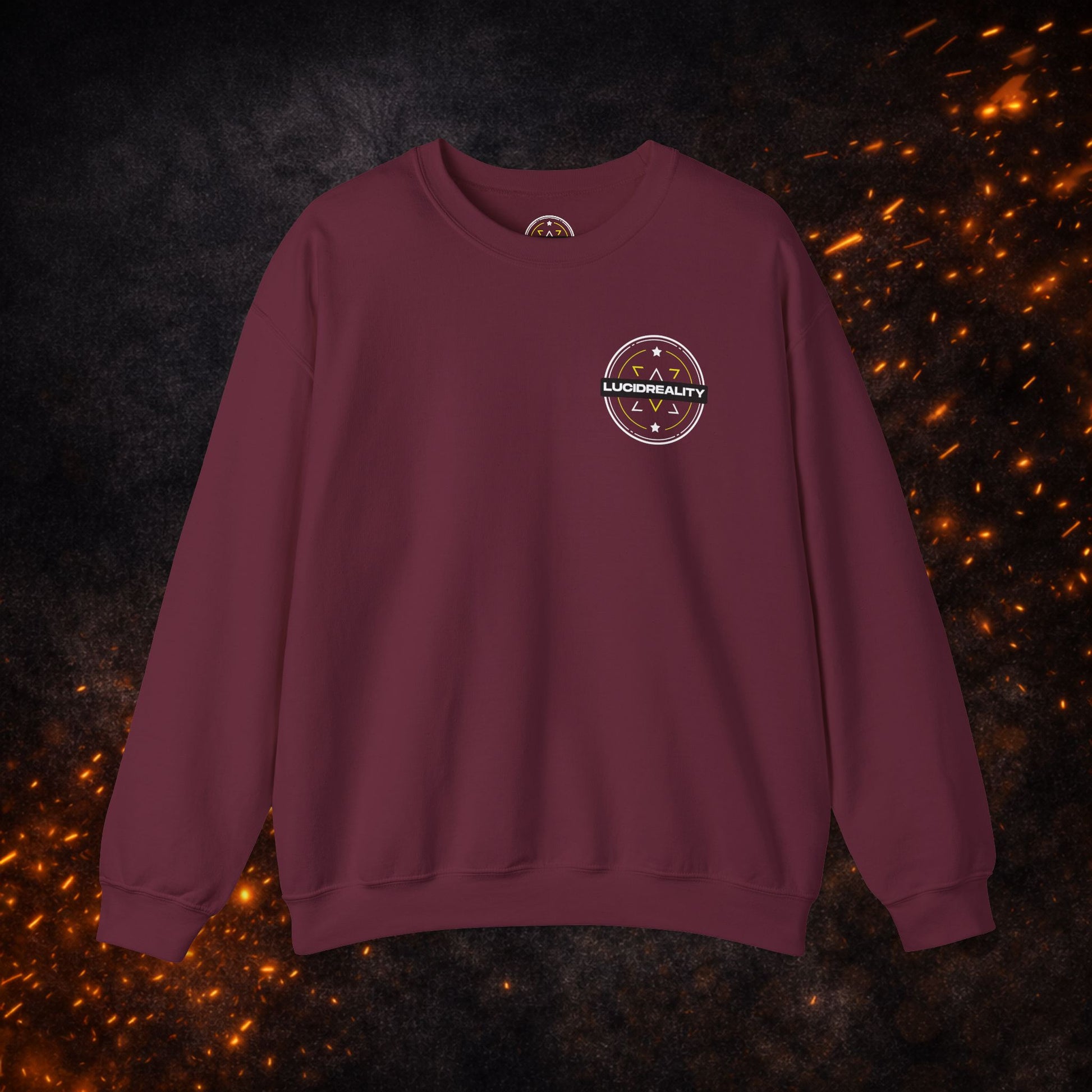 Front view of the maroon Lucid Reality Crewneck Sweatshirt with small circular chest logo.