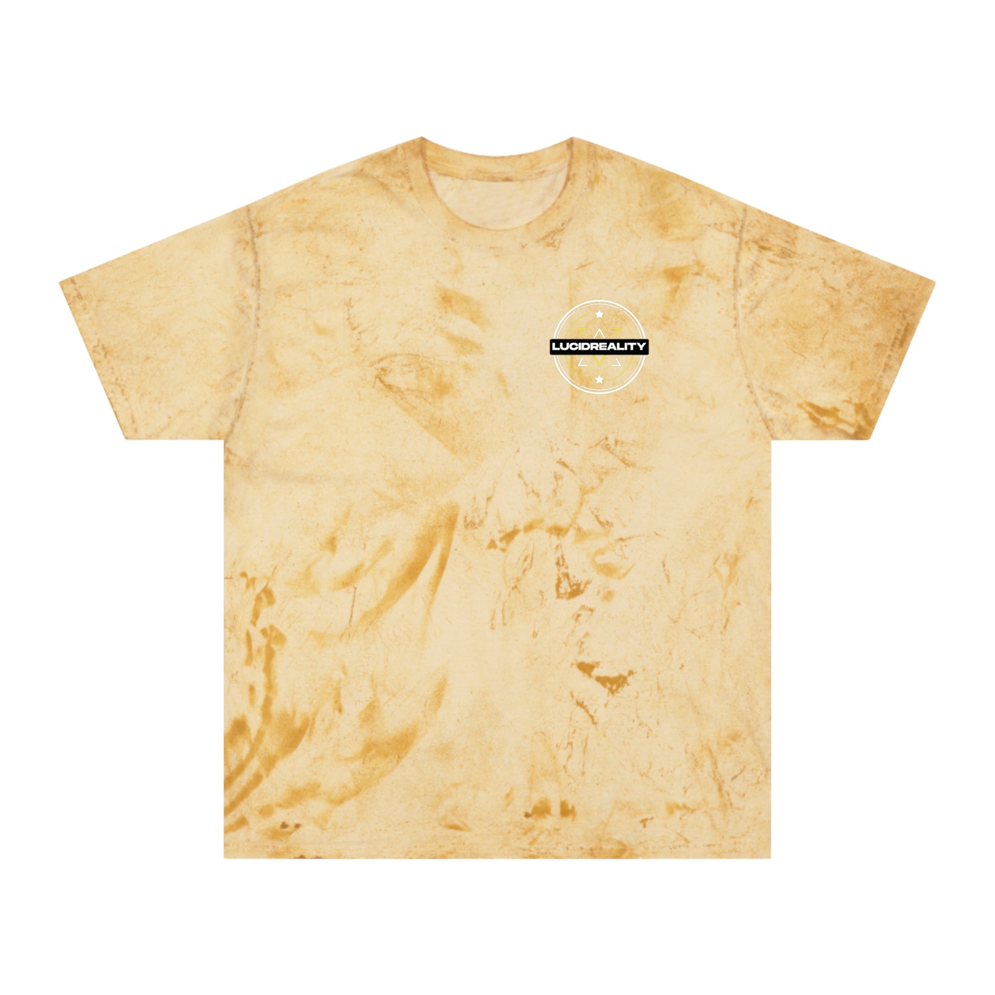Citrine Color Blast tee, marbled yellow, front Lucid Reality emblem, flat