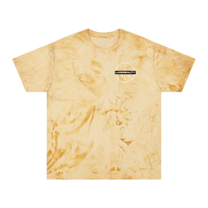 Citrine Color Blast tee, marbled yellow, front Lucid Reality emblem, flat