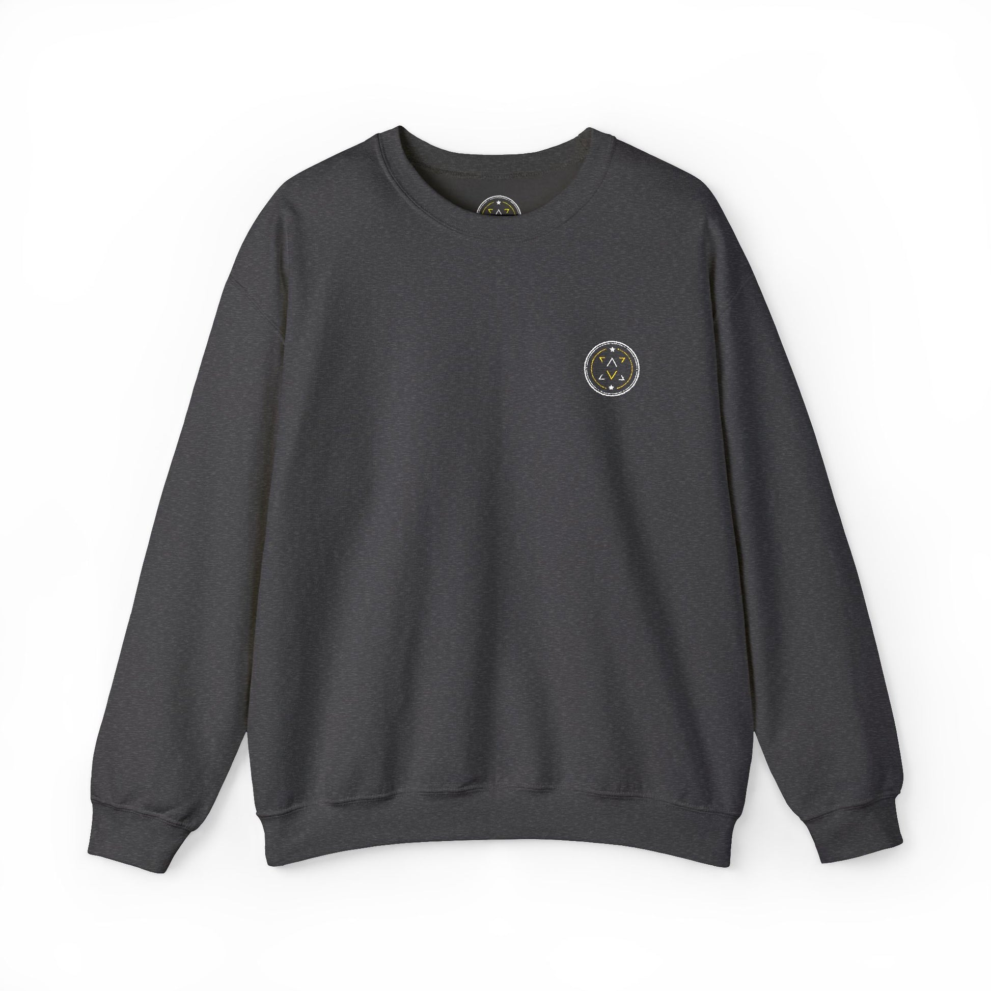 Front product mockup of the Lucid Reality Minimalist Embroidered Logo Crewneck – White & Gold