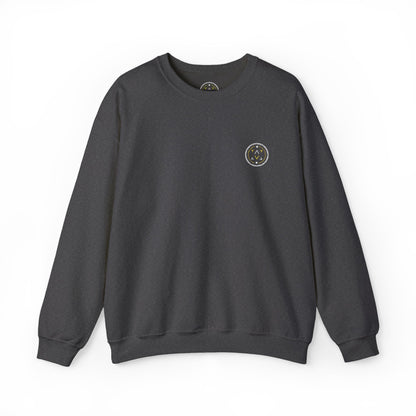 Front product mockup of the Lucid Reality Minimalist Embroidered Logo Crewneck – White & Gold