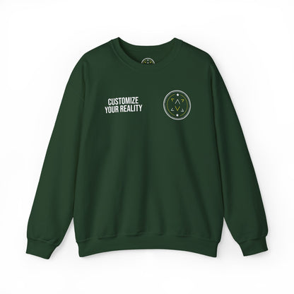 Forest green custom Lucid Reality crewneck, front view, flat