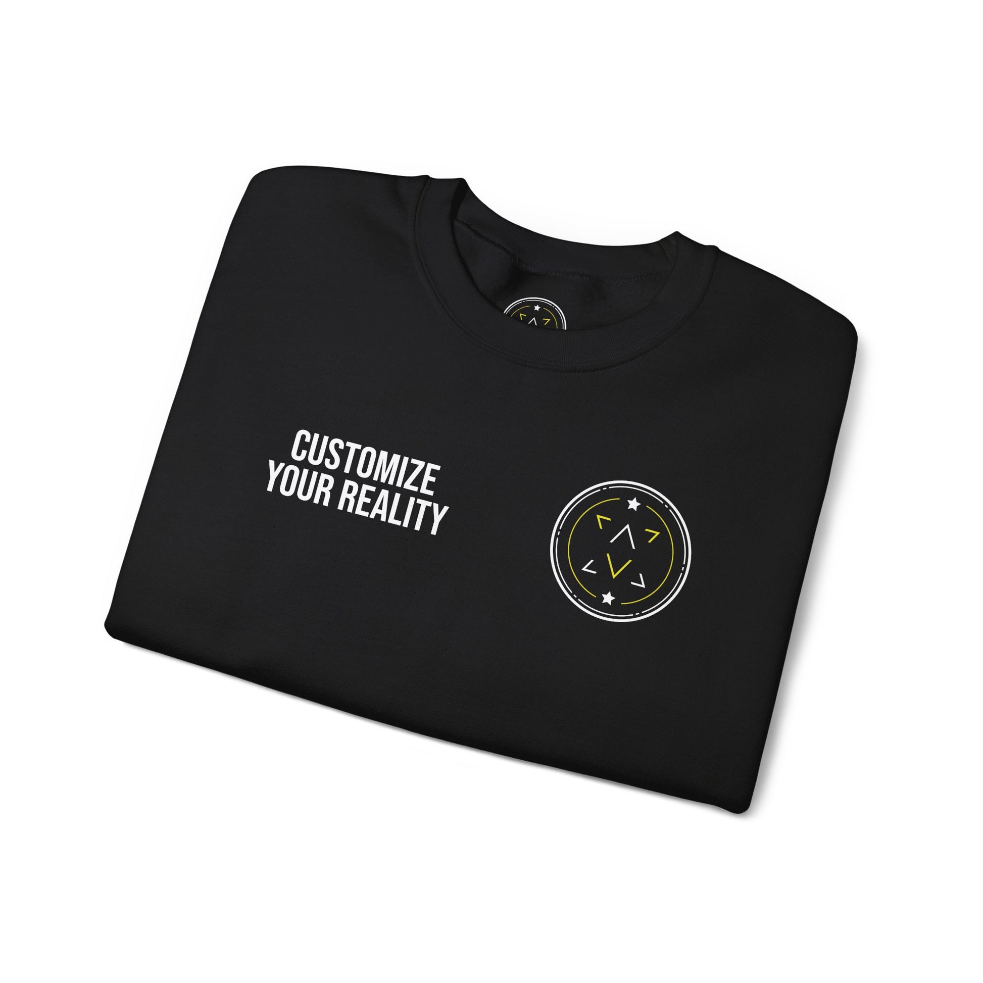 Black custom Lucid Reality crewneck, folded, front emblem detail