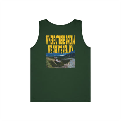 Forest Green Where Others Dream tank, WHERE OTHERS DREAM WE CREATE REALITY back graphic, flat lay
