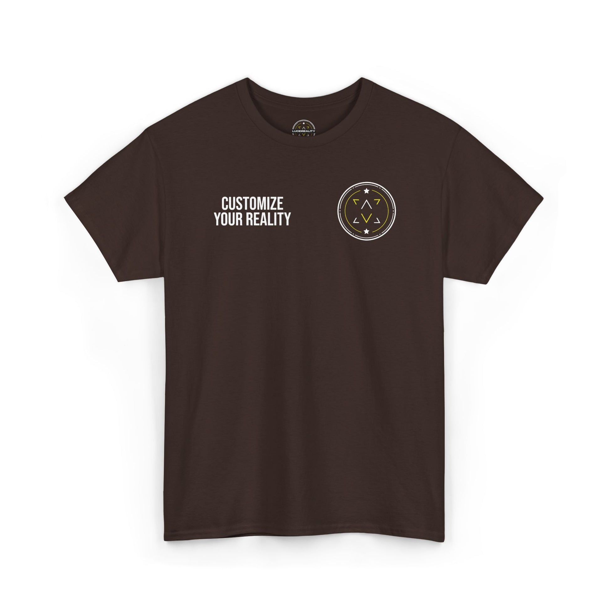 Dark chocolate custom Lucid Reality tee, front emblem with personalization zone, flat
