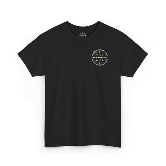 Front view of the black Lucid Reality Lightning Bolt Tee with small circular logo on the chest.