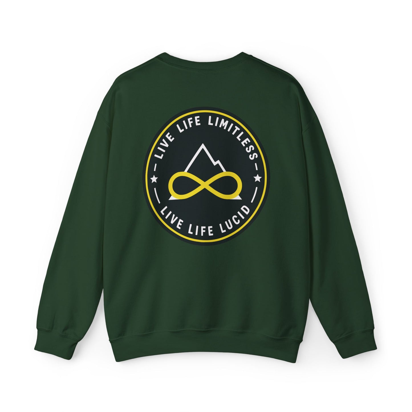 Back of the forest green Live Life Limitless Crewneck Sweatshirt with the gold mountain-and-infinity badge.