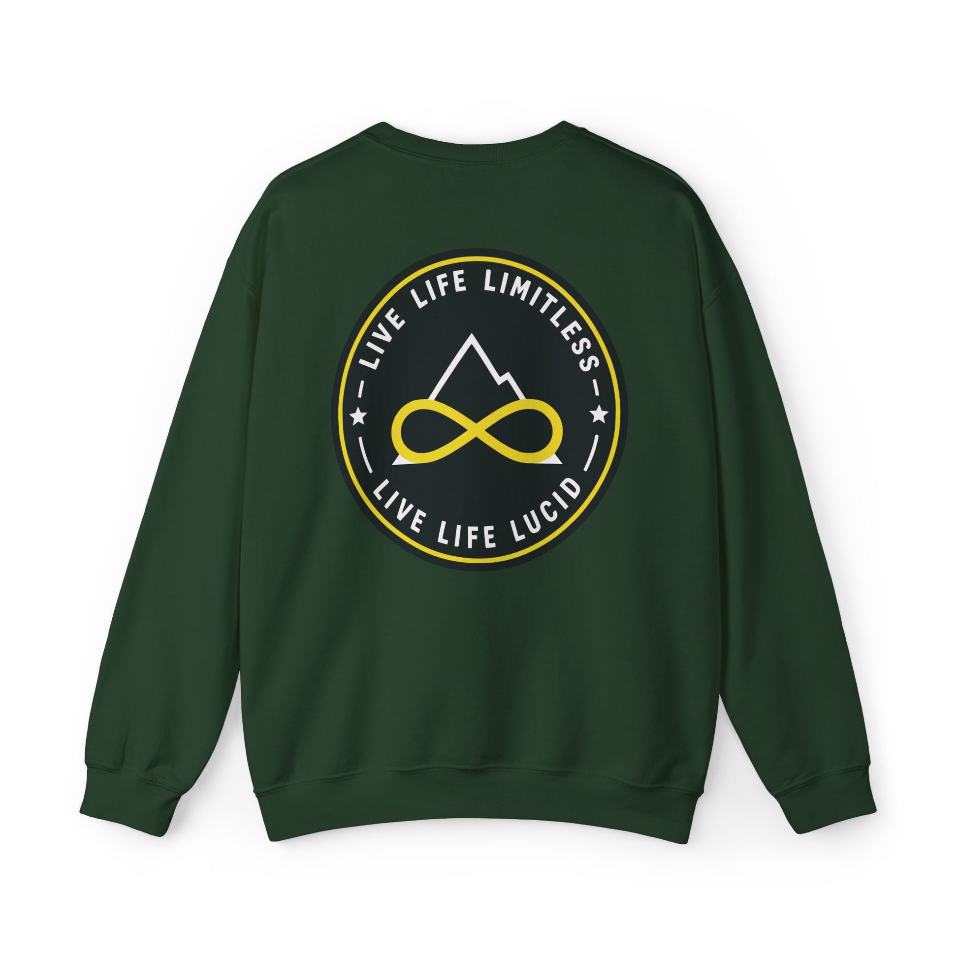Back of the forest green Live Life Limitless Crewneck Sweatshirt with the gold mountain-and-infinity badge.
