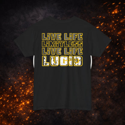 Back view of the black "Live Life Limitless Live Life Lucid" Tee with gold lettering.