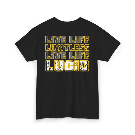 Front product mockup of the Lucid Reality Live Life Limitless Tee