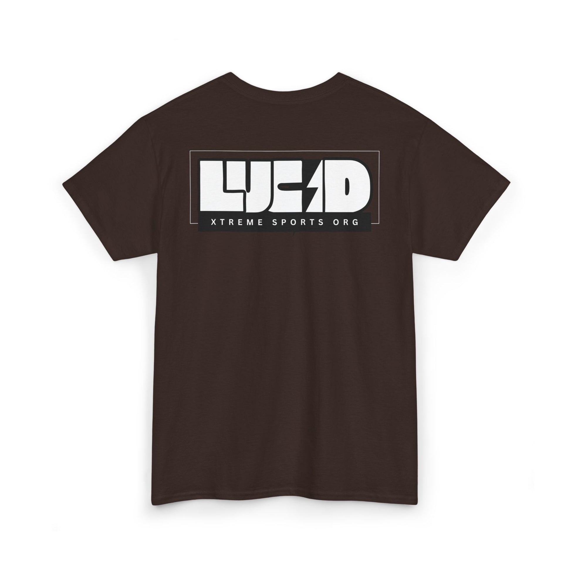 Back view of the dark chocolate Lightning Bolt Tee featuring the white LUCID design with lightning bolt detail.