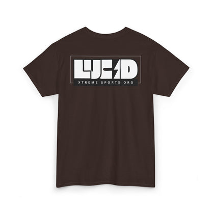 Back view of the dark chocolate Lightning Bolt Tee featuring the white LUCID design with lightning bolt detail.