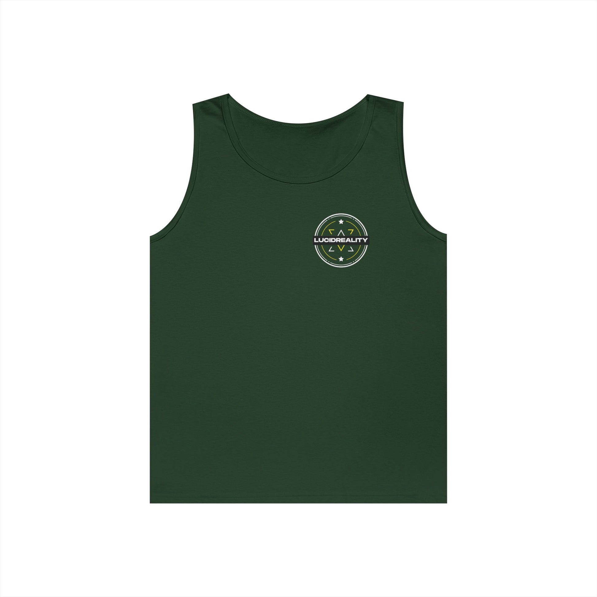 Forest Green Logo Tank, front Lucid Reality logo, flat lay