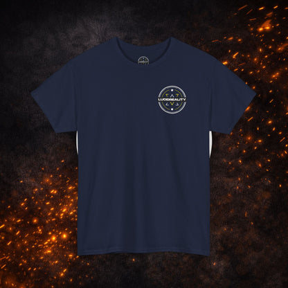 Front view of the navy blue Lucid Reality Tee with small circular chest logo.