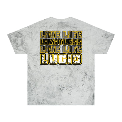 Smoke Color Blast tee, marbled grey, Live Life Limitless back graphic, flat